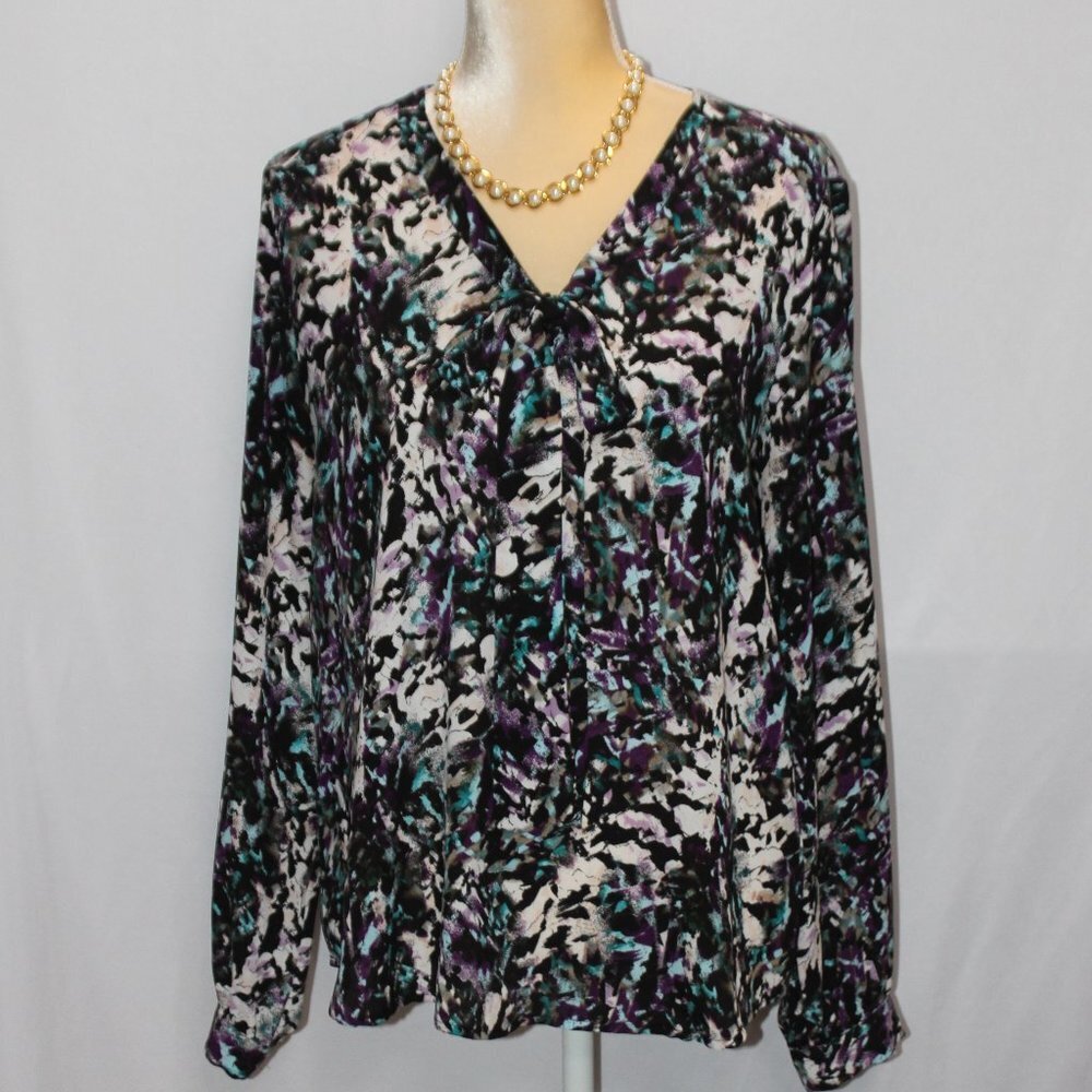 Massimo Multi-Color Polyester Long Sleeve Button Down Top with Bow